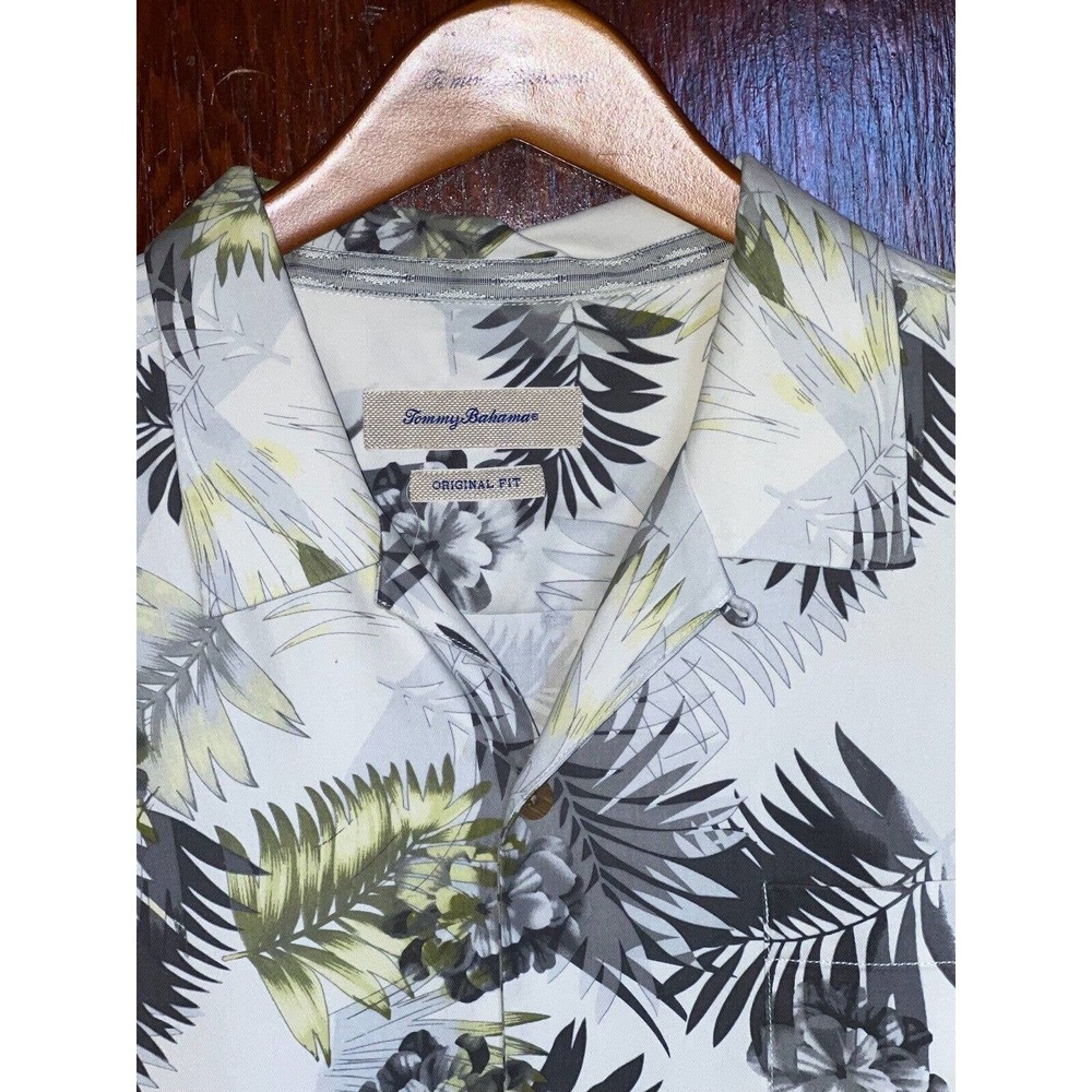 TOMMY BAHAMA SHIRT GRAY YELLOW FLORAL ON IVORY SILK CAMP COPYRIGHTED PRINT XL